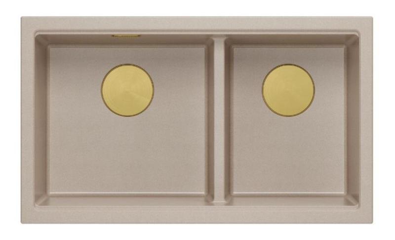 Quadri Newport II Dubbele Beige Graniet Onderbouw Spoelbak 702 x 390 mm met Gouden plug 1208971756