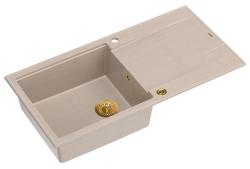 Quadri Luton beige granieten opbouw spoelbak met afdruipvlak omkeerbaar 100x50cm met gouden plug 1208971771