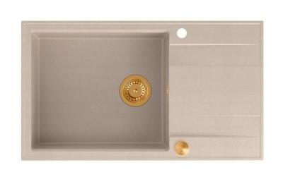 Quadri Luton pearl beige granieten grote opbouw spoelbak met afdruipvlak omkeerbaar 86x50cm met koperen plug 1208971773
