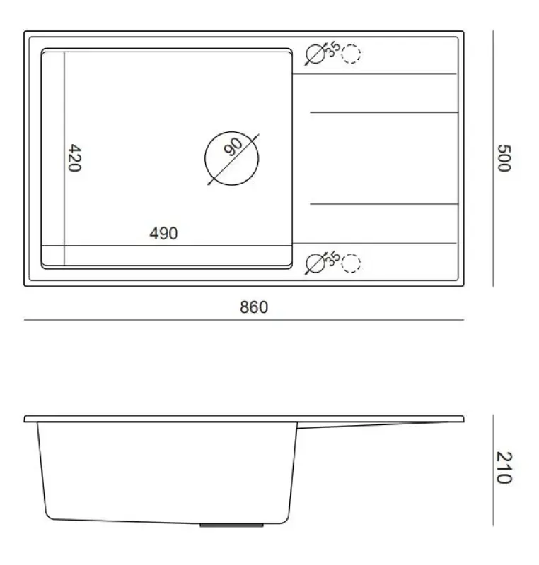 Quadri Luton pearl beige granieten grote opbouw spoelbak met afdruipvlak omkeerbaar 86x50cm met koperen plug 1208971773