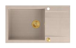 Quadri Luton beige granieten grote opbouw spoelbak met afdruipvlak omkeerbaar 86x50cm met gouden plug 1208971774