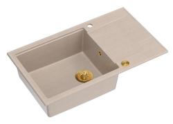 Quadri Luton beige granieten grote opbouw spoelbak met afdruipvlak omkeerbaar 86x50cm met gouden plug 1208971774