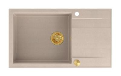 Quadri Luton pearl beige granieten grote opbouw spoelbak met afdruipvlak omkeerbaar 86x50cm met gouden plug 1208971774
