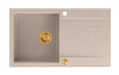 Quadri Luton pearl beige granieten opbouw spoelbak met afdruipvlak omkeerbaar 86x50cm met koperen plug 1208971777