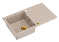 Quadri Luton beige granieten opbouw spoelbak met afdruipvlak omkeerbaar 86x50cm met gouden plug 1208971778