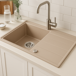 Quadri Luton beige granieten opbouw spoelbak met afdruipvlak omkeerbaar 86x50cm met rvs plug 1208971779