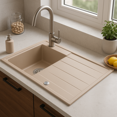 Quadri Luton pearl beige granieten opbouw spoelbak met afdruipvlak omkeerbaar 86x50cm met rvs plug 1208971779