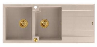 Quadri Luton opbouw dubbele graniet spoelbak pearl beige met afdruipgedeelte 116x50 cm met gouden plug 1208971809
