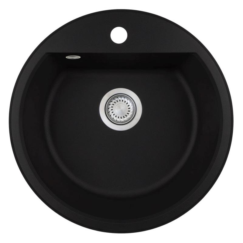GraniteMy Bremen ronde granieten spoelbak 43 cm zwart, opbouw en onderbouw, met kraangatbank en automatische rvs plug 1208971840