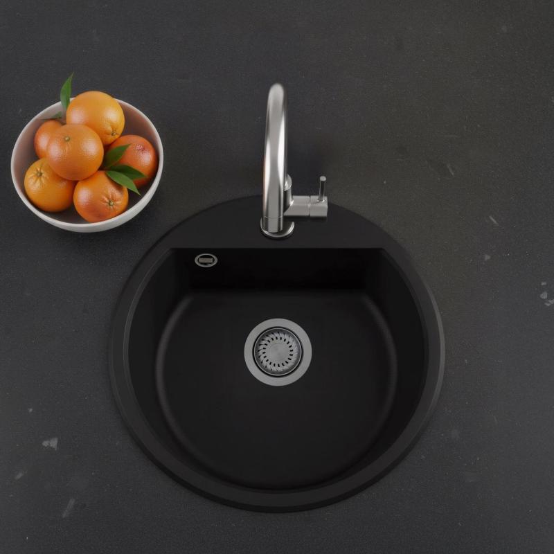 GraniteMy Bremen ronde granieten spoelbak 43 cm zwart, opbouw en onderbouw, met kraangatbank en gun metal plug 1208971842