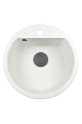 GraniteMy Bremen ronde granieten spoelbak 43 cm wit, opbouw en onderbouw, met kraangatbank en automatische zwarte plug 1208971846