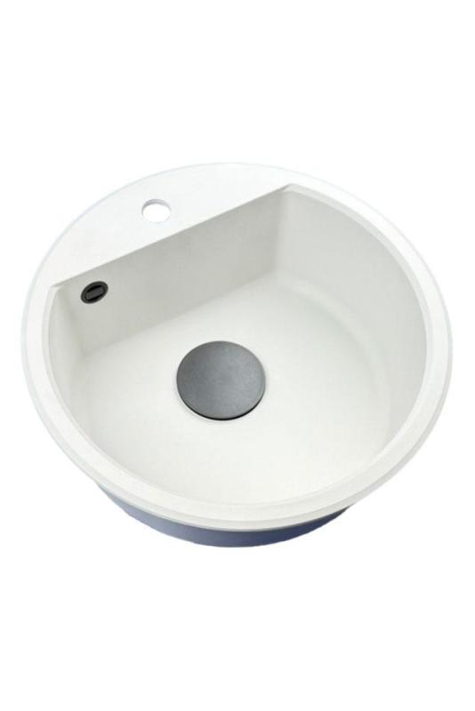 GraniteMy Bremen ronde granieten spoelbak 43 cm wit, opbouw en onderbouw, met kraangatbank en automatische zwarte plug 1208971846