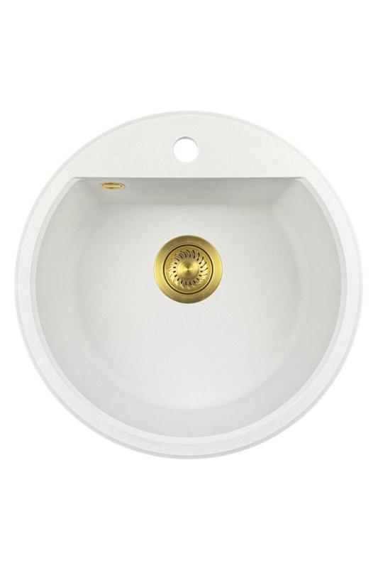 GraniteMy Bremen ronde granieten spoelbak 43 cm wit, opbouw en onderbouw, met kraangatbank en automatische gouden plug 1208971848