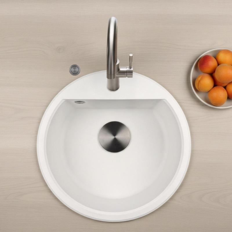 GraniteMy Bremen ronde granieten spoelbak 43 cm wit, opbouw en onderbouw, met kraangatbank en automatische gun metal plug 1208971849