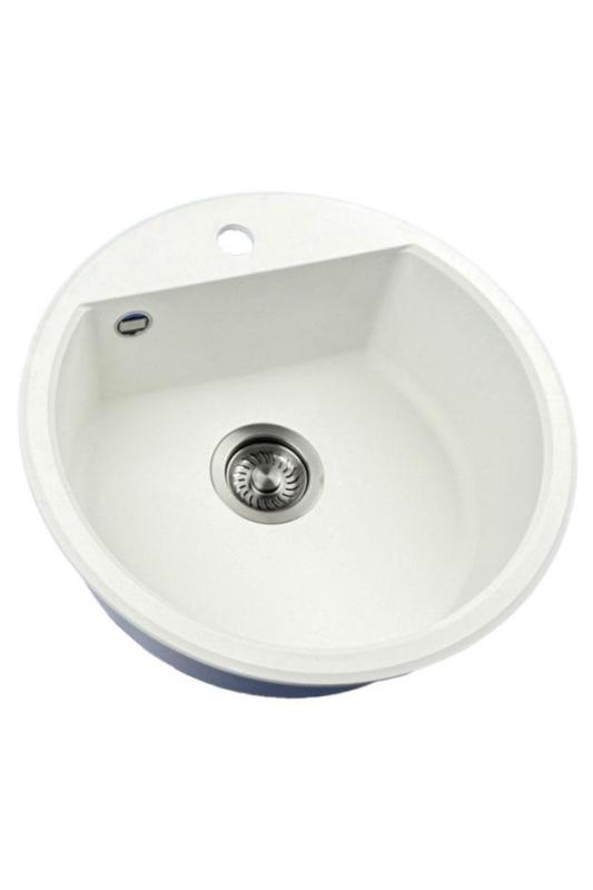 GraniteMy Bremen ronde granieten spoelbak 43 cm wit, opbouw en onderbouw, met kraangatbank en automatische gun metal plug 1208971849