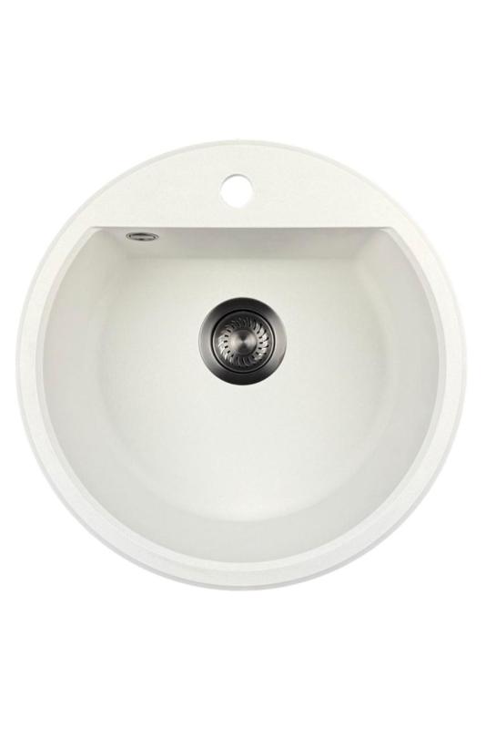 GraniteMy Bremen ronde granieten spoelbak 43 cm wit, opbouw en onderbouw, met kraangatbank en automatische gun metal plug 1208971849