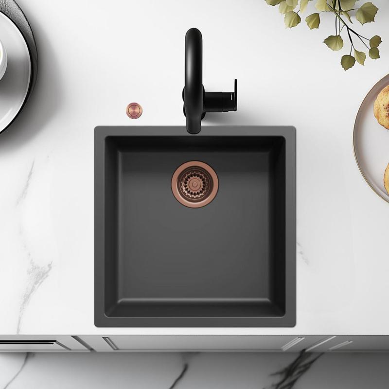 Ausmann Fibre zwarte spoelbak 40x40cm onderbouw, opbouw en vlakinbouw met automatische koperen plug 1208971852