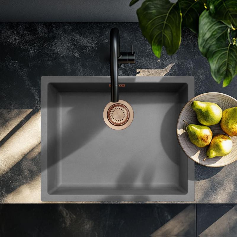 Ausmann Fibre beton grijze spoelbak 50x40cm onderbouw, opbouw en vlakinbouw met koperen plug 1208971884