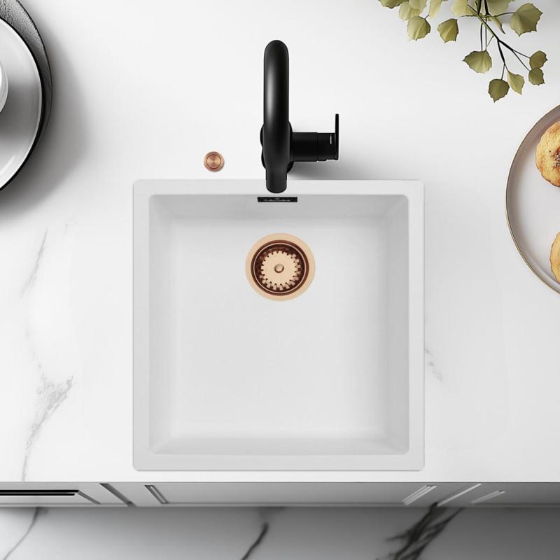 Ausmann Fibre witte spoelbak 40x40cm onderbouw, opbouw en vlakinbouw met automatische koperen plug 1208971893