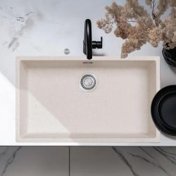 Ausmann Fibre zand wit grote spoelbak 70x40cm onderbouw, opbouw en vlakinbouw met automatische RVS plug 1208971935