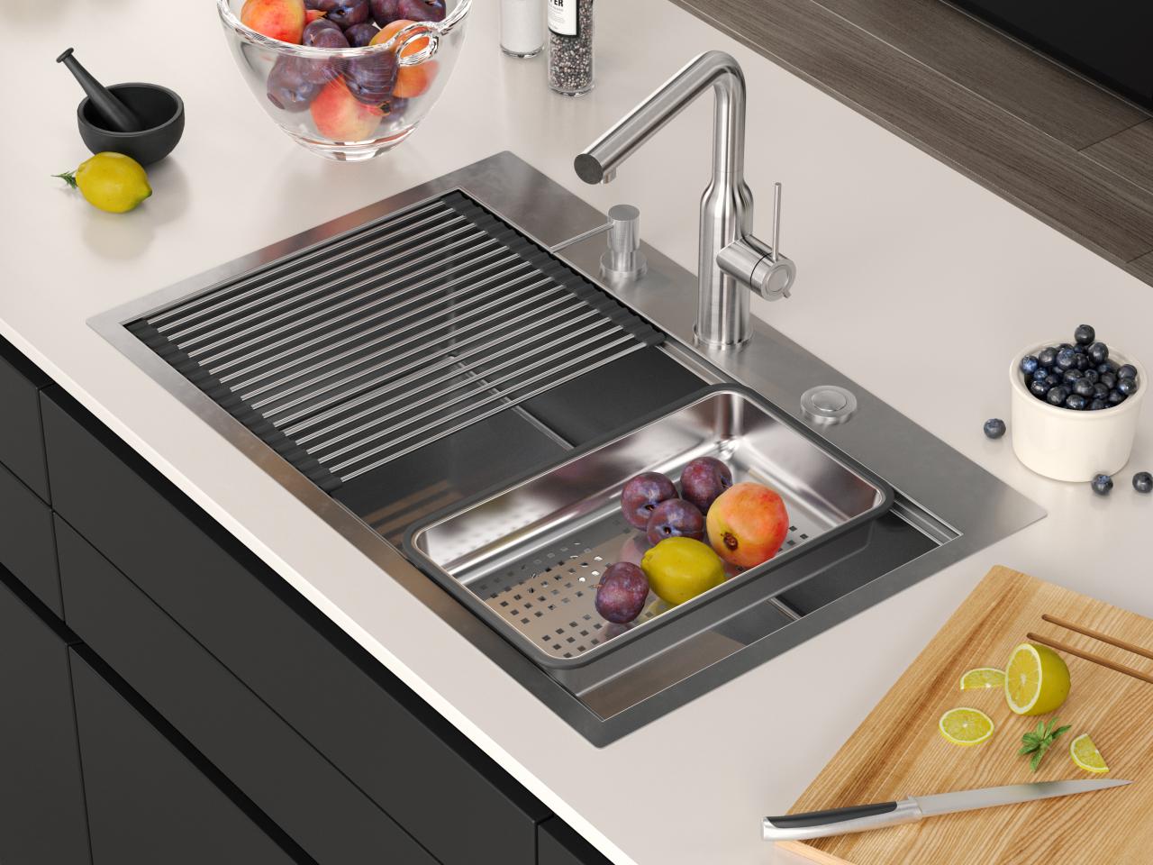OUTLET Licht bechadigd Aquadesign Vesta RVS Spoelbak 76x49cm Opbouw en Vlakinbouw met Kraangatbank, inclusief RVS Plug en Accessoires - 1208971947