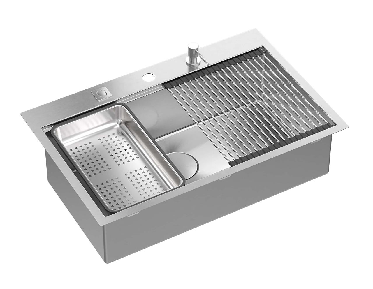 OUTLET Licht bechadigd Aquadesign Vesta RVS Spoelbak 76x49cm Opbouw en Vlakinbouw met Kraangatbank, inclusief RVS Plug en Accessoires - 1208971947