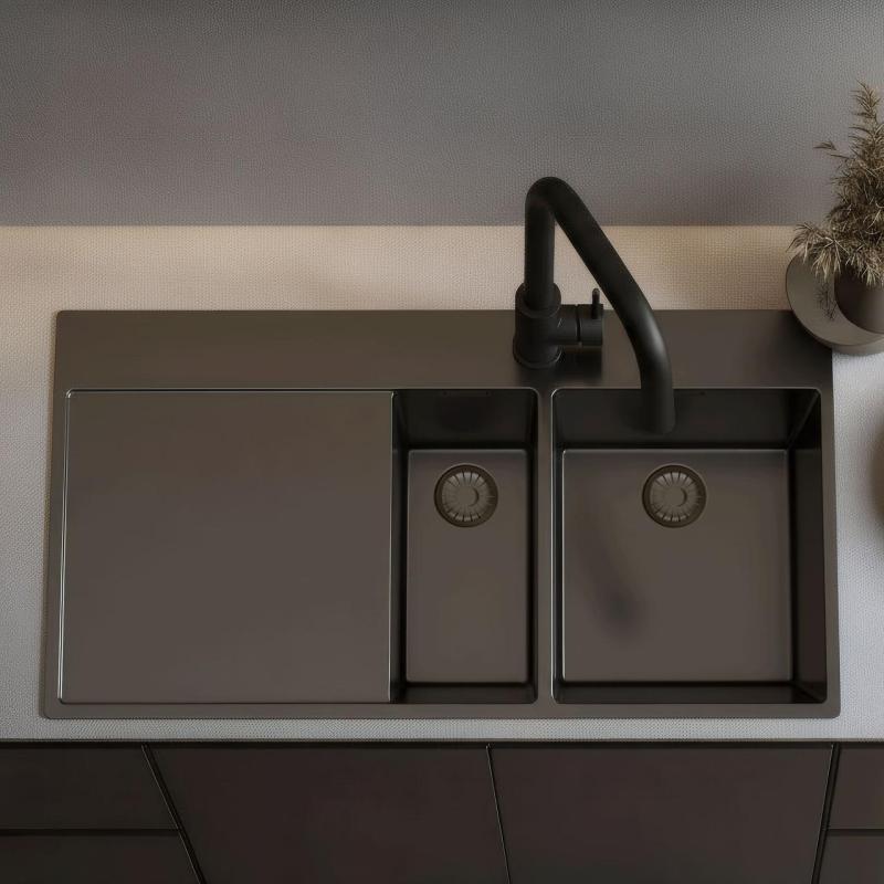 Pure.Sink Exclusivo Gun metal 1,5  spoelbak met afdruipgedeelte 100x52 cm Tapwing rechts PEX3418100RT-61