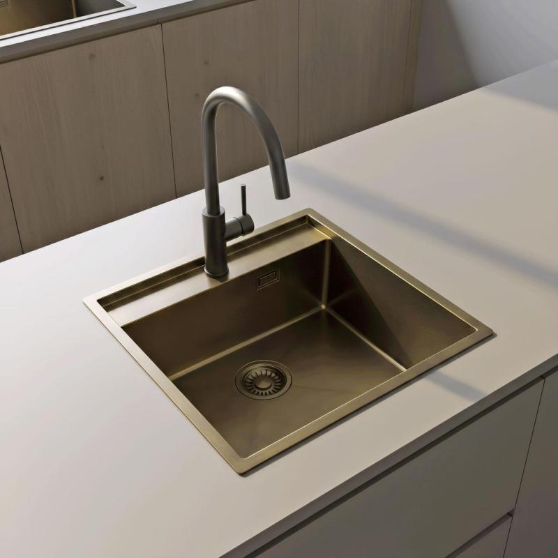 Pure.Sink Luxion PVD Antiek Bronzen spoelbak 51x50 cm Tapwing met kraangatbank en bodemrek PLX5150T-64