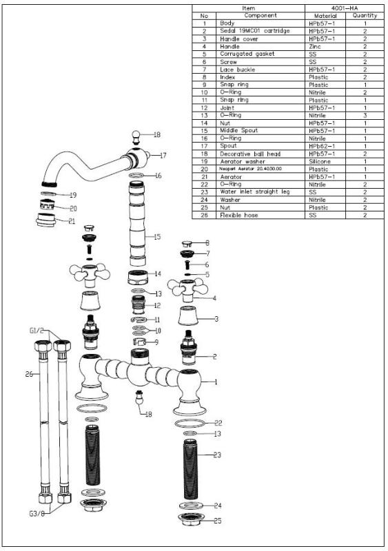 Aquanello Heritage Ascot Klassieke Keuken Nostalgische Brug Keukenkraan Brons met Kruishendels BN-0011-HA