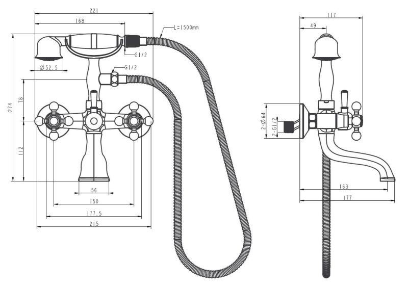 Aquanello Heritage Ascot Klassieke Opbouw Badkraan met Sterknoppen Brons inclusief Handdouche BN-3002-HA