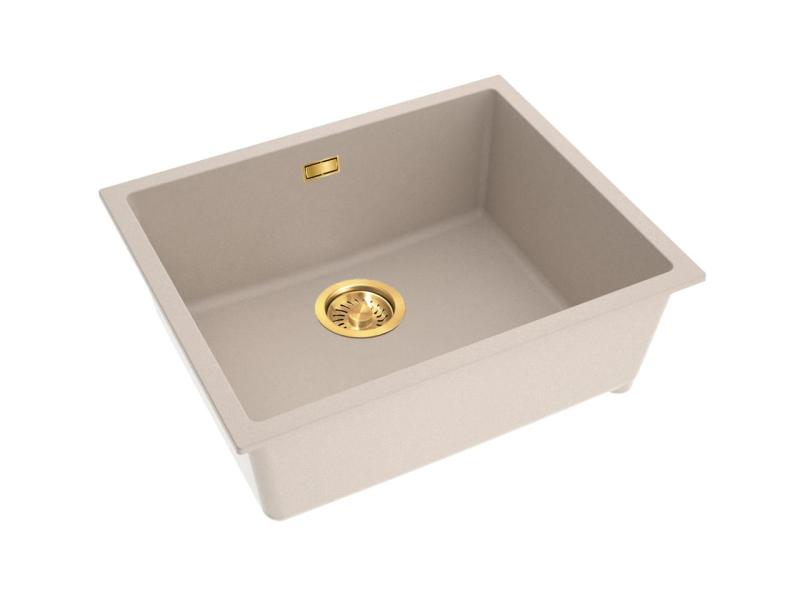 Pure.Sink Eternal Quartz Beige Spoelbak 50x40 cm Vlakinbouw en Onderbouw met Automatische Gouden plug