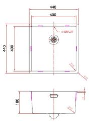 Pure.Sink Comfort PVD Gouden spoelbak 40x40 cm 10mm radius onderbouw, vlakbouw en opbouw PCM4040-60