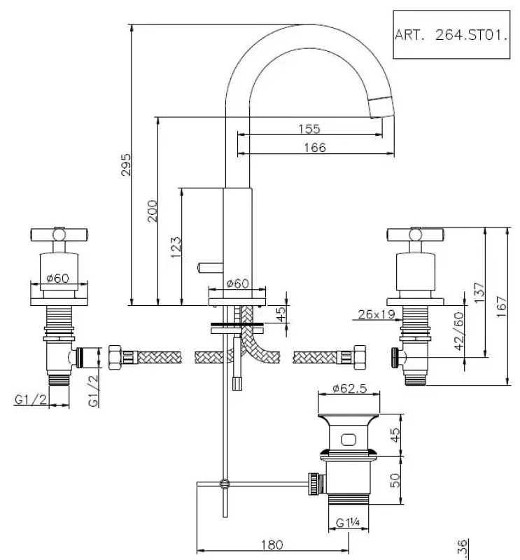 Huber Suite 3-gats wastafelkraan 264ST01HCR