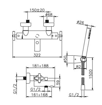 Huber Suite Opbouw badthermostaat met handdouche 193ST01HCR