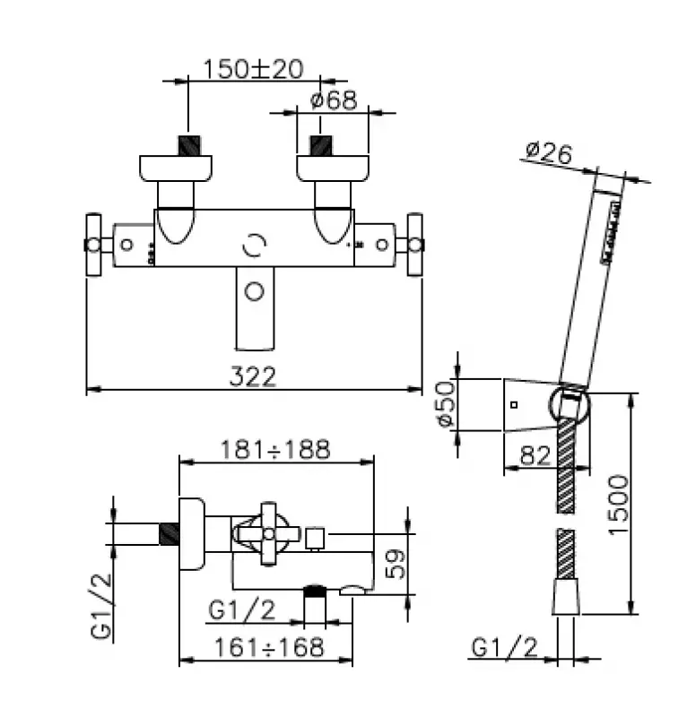 Huber Suite Opbouw badthermostaat met handdouche 193ST01HCR